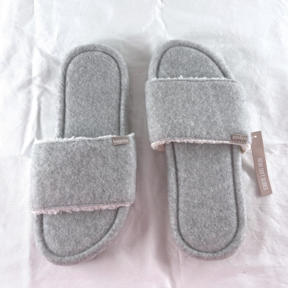 Feelgoodz Womens Soft Slides Grey Fleece Lined Slipper Shoes New
